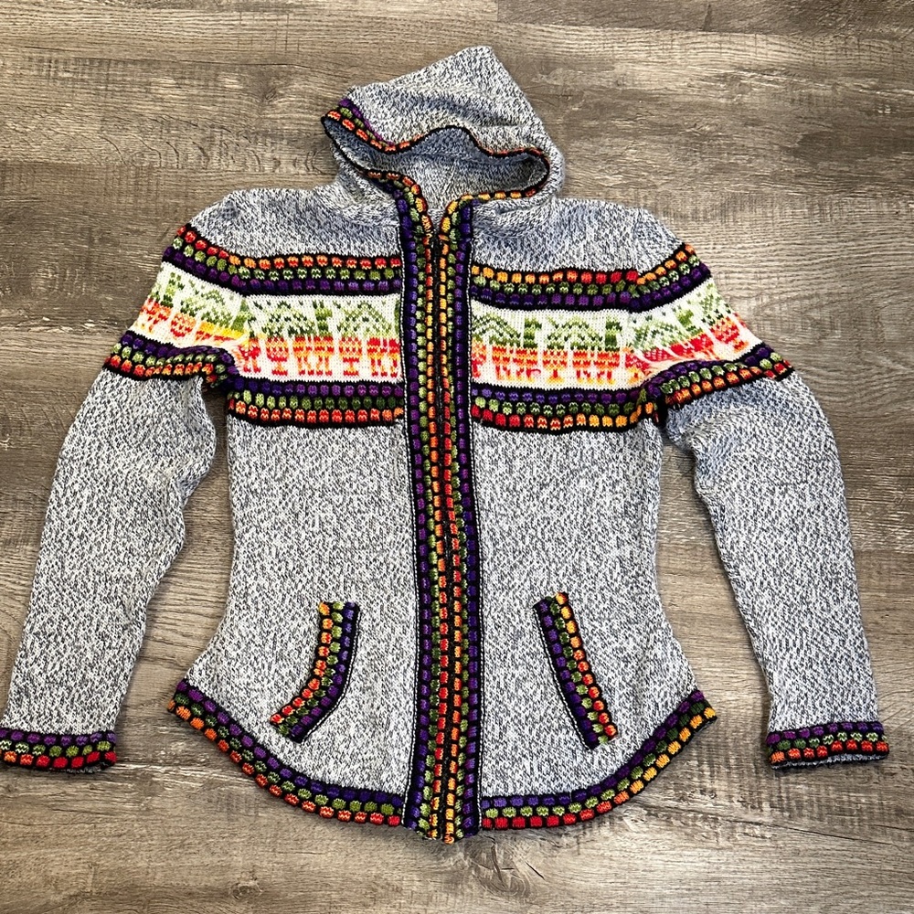 Super Soft Colorful Small Albinaas Alpaca Knit‎ Hooded Cardigan From Peru *Flaw*